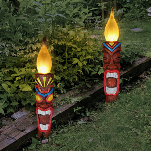 Exhart 2 Piece Tiki LED Flameless Torch Garden Stake Set on an Automatic Timer in Resin and Glass (Set of 2)