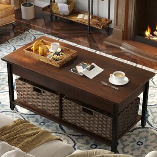 MILLWOOD PINES Eoghan 41.7" Lift Top Coffee Table with Hidden Storage Compartment and 2 Rattan Baskets