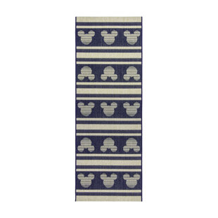 DISNEY BY GERTMENIAN Licensed Disney Mickey Mouse Navy/Ivory Stripes Flatweave Indoor/Outdoor Area Rug
