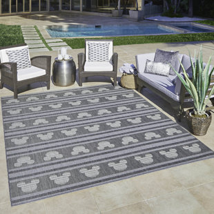 DISNEY BY GERTMENIAN Licensed Disney Mickey Mouse Ash Gray/Ivory Stripes Flatweave Indoor/Outdoor Area Rug
