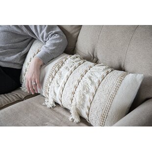 Foreside Home & Garden White Oversized 14X36" Hand Woven Decorative Cotton And Jute Lumbar Throw Pillow With Hand Tied Fringe