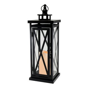 LUMABASE Black Crisscross Metal Lantern with Battery Operated Candle