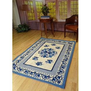 AMERICAN HOME RUG CO. Bucks County Oriental Hand Hooked Wool Ivory/China Blue Area Rug