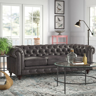 CANORA GREY Sirvon 95" Genuine Leather Rolled Arm Chesterfield Sofa