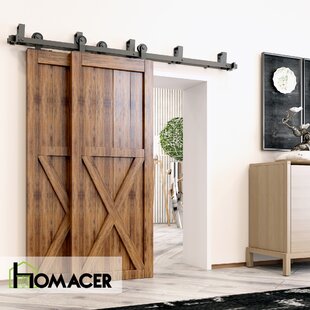 HOMACER Black Rustic Top Mount T-Shape Design Double Track Bypass Two Door Barn Door Hardware Kit (Door Not Included)