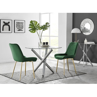 CANORA GREY Seline Modern Round Dining Table Set in Glass and Chrome with 2 Luxury Velvet Leather Chairs