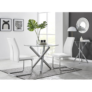 CANORA GREY Seline Modern Round Dining Table Set in Glass and Chrome with 2 Upholstered Faux Leather Chairs