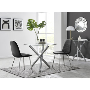 CANORA GREY Seline Modern Round Dining Table Set in Glass and Chrome with 2 Luxury Faux Leather Dining Chairs