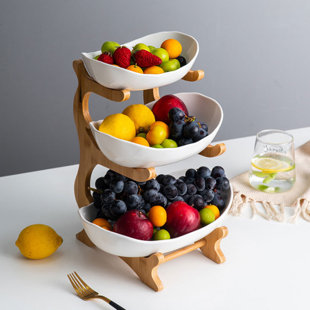 WINSTON PORTER Centrella 3-Tier Countertop Freestanding Ceramic Fruit Bowl W/ Bamboo Stand