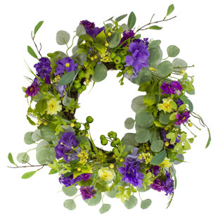 NORTHLIGHT SEASONAL Eucalyptus and Hydrangea Floral Berry Spring Wreath Purple and Yellow 23"