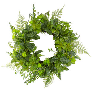 NORTHLIGHT SEASONAL Maidenhair Fern and Assorted Foliage Spring Wreath Green 23"