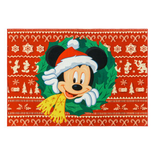 GERTMENIAN Licensed Disney Mickey Mouse Red Green Christmas Wreath Accent Non-Slip Area Rug