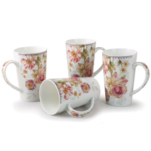 LORREN HOME TRENDS Tall Rose Floral Coffee Mug (Set of 4)