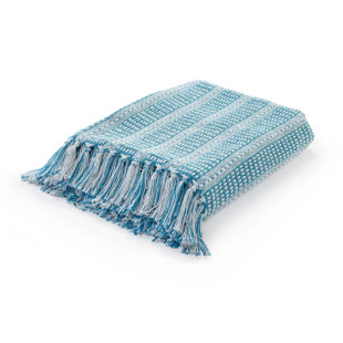 EVETTE RIOS Striped Fringed Woven Cotton Throw Blanket