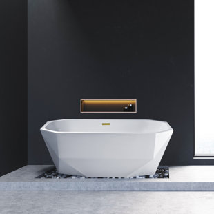 STREAMLINE BATH 59" Streamline Freestanding Soaking Acrylic Bathtub With Drain and Bamboo Tray