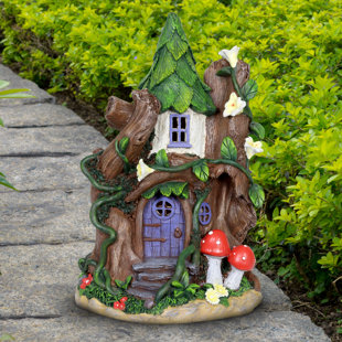 Exhart Solar Whimsical Fairy House Garden Statue with Purple Door and Two Red Mushrooms, 12 Inch