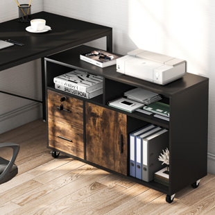 EBERN DESIGNS Ayoka 38" W 3-Tiers Wood Storage File Cabinet with 2 Drawers & Door & Casters