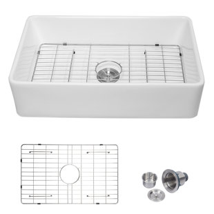 MOCOLOO 33" L x 20" W White Undermount Ceramic Single Bowl Farmhouse Kitchen Sink with Basket strainer and Bottom Rinse Grid