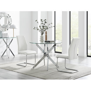 CANORA GREY Tierra Modern Chrome Metal & Glass Round Dining Table Set with 2 Upholstered Faux Leather Chairs