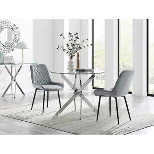 CANORA GREY Tierra Modern Chrome Metal & Glass Round Dining Table Set with 2 Luxury Faux Leather Chairs