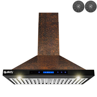 AKDY 30-Inch Convertible Wall Mount Range Hood with Embossed Copper Vine Design, 343 CFM, 4 Fan Speeds, Touch Panel Controls, Remove Control, and Carbon Filter