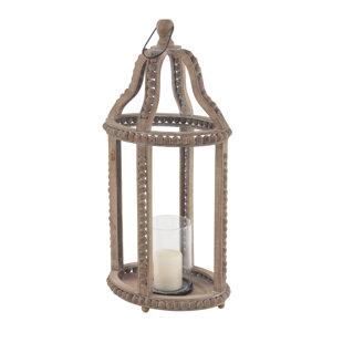 DAKOTA FIELDS Reclaimed Wood Beaded Decorative Indoor Outdoor Brown Candle Lantern