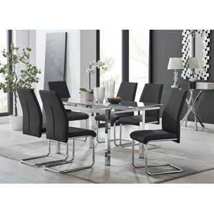FURNITURE BOX Tierra Modern Glass & Metal Extendable Dining Table Set & 6 Luxury Faux Leather Dining Chairs