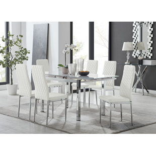 FURNITURE BOX Tierra Modern Glass & Metal Extendable Dining Table Set & 6 Luxury Faux Leather Dining Chairs