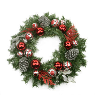 NORTHLIGHT SEASONAL Red and Silver Ornaments Artificial Christmas Wreath - 24-Inch Unlit