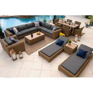 AKOYA OUTDOOR ESSENTIALS Malmo 16 Piece Outdoor Patio Furniture Combination Set In Natural W/ Sectional Set, Six-Seat Dining Set, And Chaise Lounge Set