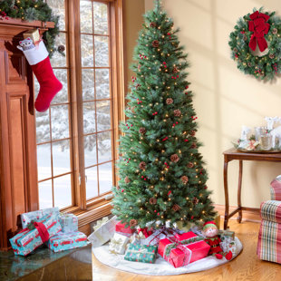 THREE POSTS™ 6.5' H Slender Green Realistic Pine Cashmere Christmas Tree, Classic Garland and Wreath Set