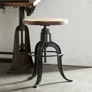 WILLISTON FORGE Keirnan Metal Vintage Industrial Inspired Living Room Stool with Brown Adjustable Wood Seat