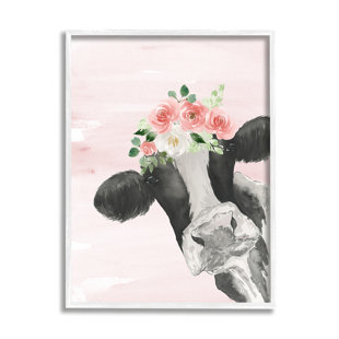 STUPELL INDUSTRIES Dairy Farm Cow Watercolor Portrait Pink Floral Crown Framed Print