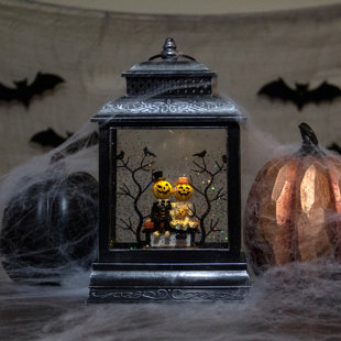 NORTHLIGHT SEASONAL 11.5"Lighted Black Halloween Snow Globe Lantern with Pumpkin Couple