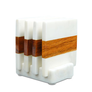 LUXEDESIGNS Mango Wood & White Marble Coasters with Holder 4 Piece