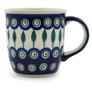 POLMEDIA Polish Pottery 12 Oz. Stoneware Mug - Peacock Leaves
