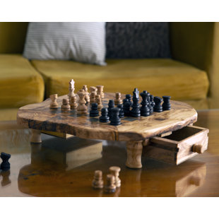 KAMSAH Homeware Large Olive Wood Chess Set – Handmade Rustic Wooden Chess Board with Unique Pieces