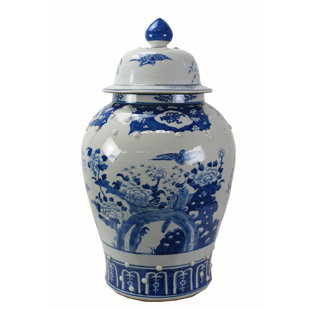 DYAG EAST Large 27 Inch Tall Blue And White Porcelain Ginger Jar With Flowers And Flying Birds