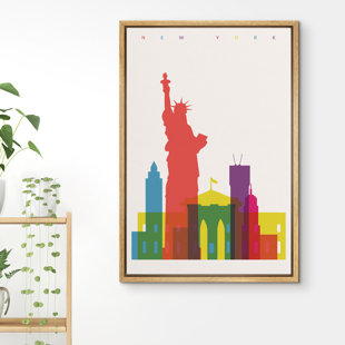 YUK06-IDEA4WALL Framed Canvas Print Wall Art Multicolor New York City Landmark Overlay Architecture & Maps Cityscape Typography Modern Art Chic Colorful For Living Room, Bedroom, Office