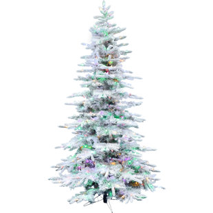 Fraser Hill Farm 6.5-Ft Pre-Lit Mountain Pine Snow Flocked Artificial Christmas Tree with Dual Multicolor & Warm White LED Lights