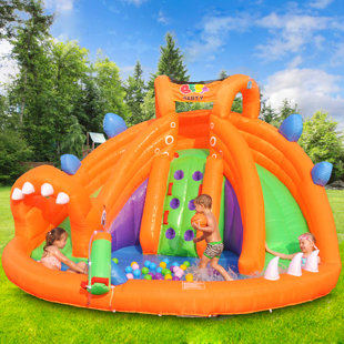 Bestparty Inflatable Water Slide With Blower Dinosaur Dual Slides Water Park With Climbing Wall & Splash Pool