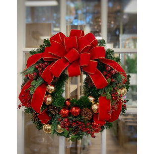 THE TWILLERY CO.® Holiday Wreath with Red and Gold Ornaments, Berries, Pinecones and Ribbon