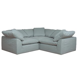 Sunset Trading Contemporary Puff Collection 3PC Slipcovered L-Shape Sectional Sofa | Performance Fabric Washable Water-Resistant Stain-Proof | 88" Deep-Seating Down-Filled Modular Corner Couch | Ocean Blue