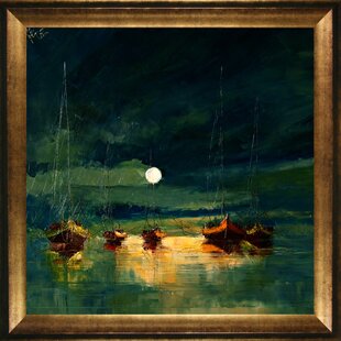 TORI HOME Kopania - Boats with Moon Framed Painting on Canvas