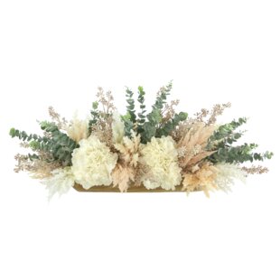 CREATIVE DISPLAYS, INC. Hydrangea, Pampas and Eucalyptus Arrangement in Wooden Bowl