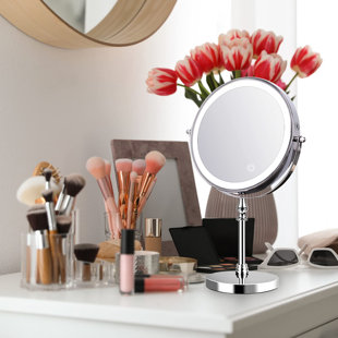 BRAYDEN STUDIO Makeup Mirror With Lights USB Rechargeable 8 Inch 3 Color Lights Two Sided 1X/10X Magnification LED Vanity Mirror Touch Control Intelligent Shutdown 360°Rotation Light Up Mirror Chrome Finish