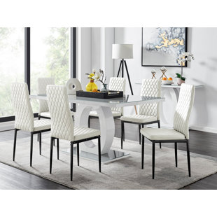 FURNITURE BOX Scottsmoor Modern High Gloss & Glass Dining Table with 6 Luxury Faux Leather Chairs