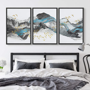 IDEA4WALL Birds Flying Around The Mountains Framed On Canvas 3 Pieces Print