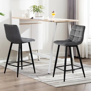 CANORA GREY Set Of 2 High Barstools With Grey Velvet Covered Backrest And Metal Footrest,Seat High 65Cm (Set of 2)