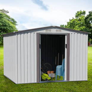 ALLIED PLUSH INC 8 ft. W x 8 ft. D Outdoor Metal Storage Shed for Yard with Lockable Sliding Door, Large Tool Organizer for Backyard Garden Furniture w/ Vents